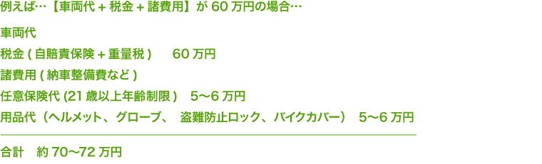 例えば…【車両代+税金+諸費用】が60万円の場合…　車両代＋税金（自賠責保険+重量税）＋諸費用（納車整備費など）＝60万円、任意保険代（21歳以上年齢制限）＝5〜6万円、用品代（ヘルメット、グローブ、盗難防止ロック、バイクカバー）＝5〜6万円